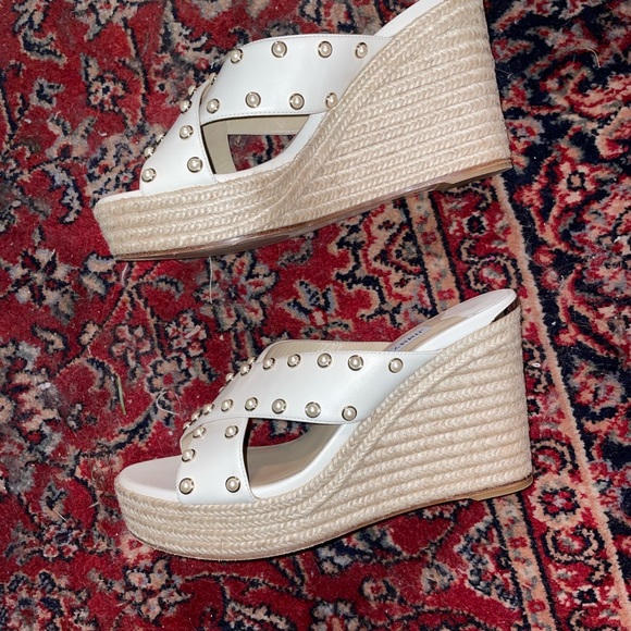 White and tan Jimmy choo once worn faux pearl wedge heels - Picture 3 of 6